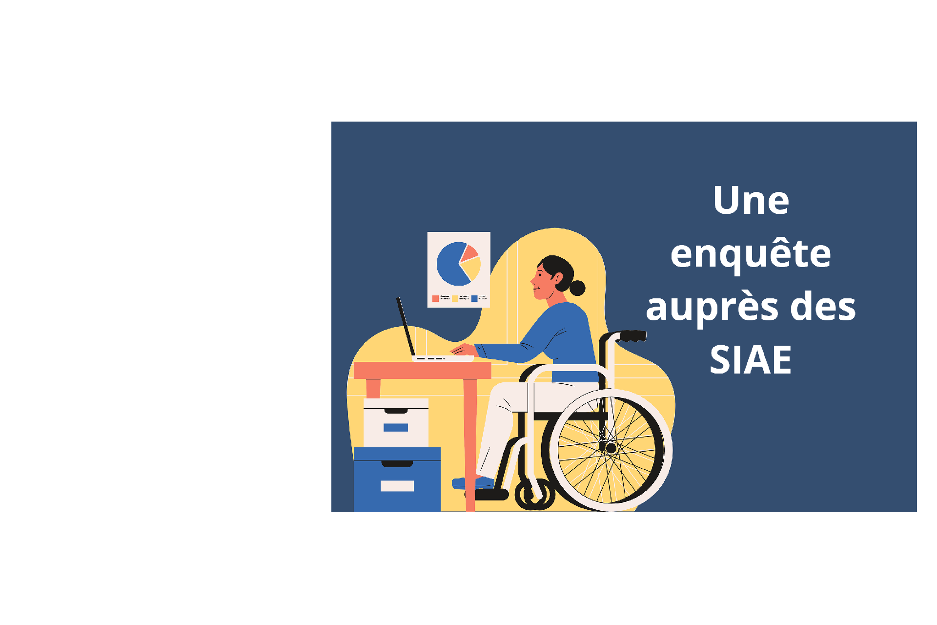 Personnage féminin en situation de handicap sur un fauteuil roulant produisant des graphiques devant un ordinateur