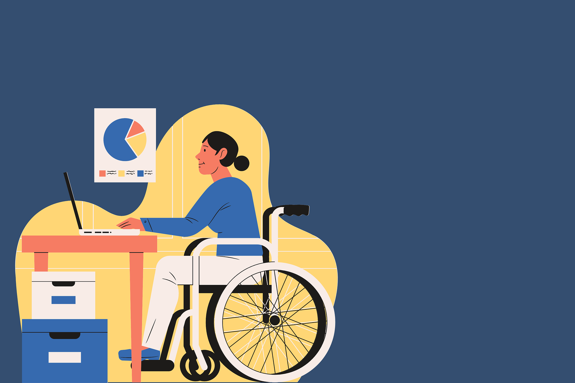 Personnage féminin en situation de handicap sur un fauteuil roulant produisant des graphiques devant un ordinateur